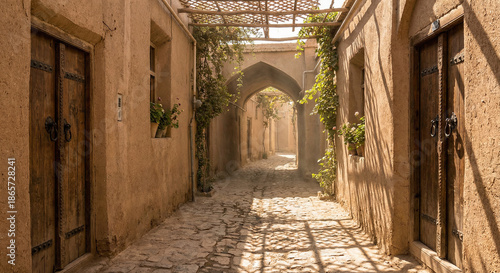 Traditional Narrow Persian Alley with Mud-Brick Walls and Wooden Doors

