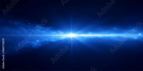 Abstract blue background with rays of light and digital motion energy flares across a dark night sky backdrop featuring bright stars and glowing wave design art