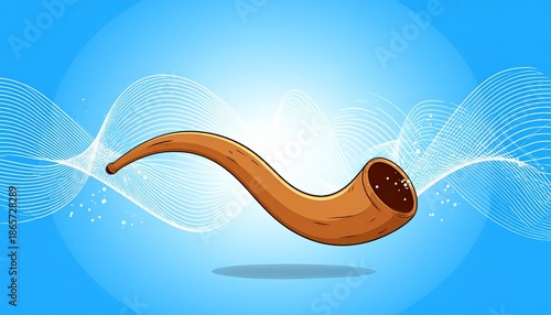 Illustration of a shofar with sound waves on a blue background.