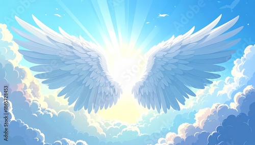 Angel wings spread wide in a heavenly blue sky with clouds and sunlight.
