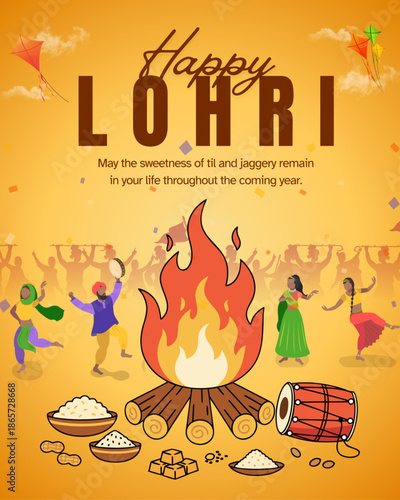 Lohri and Bhogi festival wishes design template featuring traditional Indian harvest celebration elements. Perfect for greeting cards, social media posts, banners, posters, and festive promotions cele