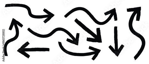 Hand drawn doodle thick arrows in different directions Collection. down shape chalk texture element set. doodle marker thick arrows, Black arrows flat icons. 