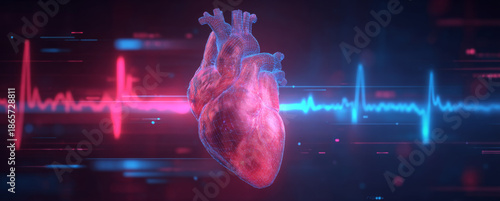 Digital illustration of a realistic anatomically detailed human heart with vibrant pink and red textures, smooth surface, and glossy finish, set against a futuristic background