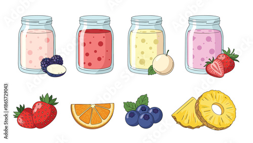 Assorted fruit yogurt jars with flavors like blueberry, strawberry, vanilla, and cherry, accompanied by fresh fruit pieces.