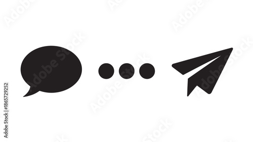 Black chat bubble with ellipsis and paper airplane icon in simple flat design on white background for social media