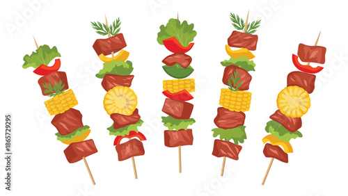Mouth-watering mixed kebabs with grilled beef chunks, vibrant bell peppers, corn on the cob, and fresh lettuce leaves on sticks.