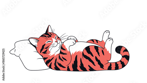 Adorable ginger tabby cat sleeping peacefully on its back on a soft white pillow with its paws curled up.