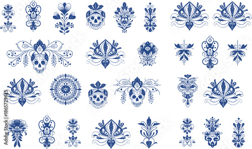 Ornamental skull and floral vector set, gothic folk art motifs, vintage tattoo style decorations, symmetrical decorative elements collection