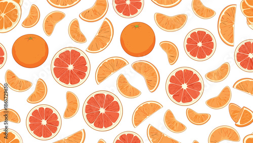 Vibrant seamless pattern of fresh orange and grapefruit slices, wedges, and whole fruits scattered on a clean white background.