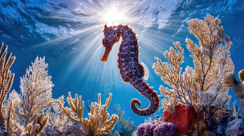 Marine creature swims upward toward brilliant sun rays filtering through clear blue ocean water
