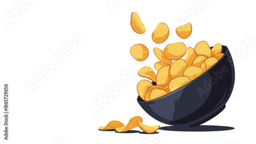 Crunchy rippled potato chips falling into a stylish black ceramic bowl against a minimalist white background.