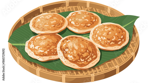 Authentic Thai coconut rice pancakes known as khanom khrok, served on a green banana leaf inside a rustic woven basket.