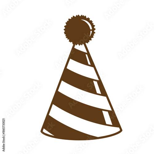Vintage Brown party hat with white stripes and pom pom on top for celebrations and birthday parties