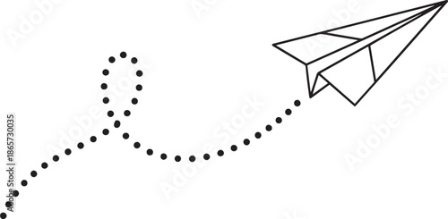 Simple Minimalist Outline of a Paper Airplane with Dotted Flight Path Line on White Background