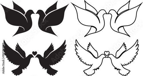 Set of 4 Black and White Dove Vector Icons with Hearts