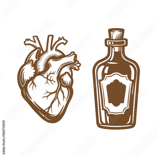 Vintage heart and bottle illustration for medical or symbolic use in design projects  human anatomy and glass bottle