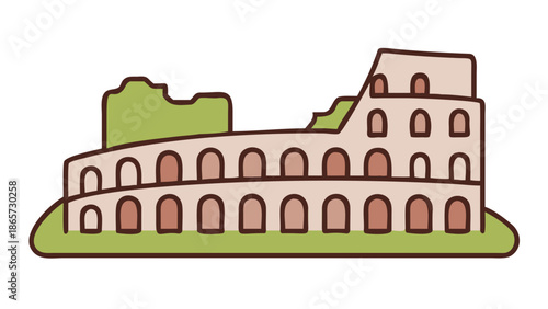 Hand Drawn Illustration of Roman Colosseum Amphitheatre on Green Grass