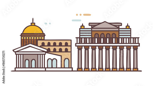 Flat Design Illustration of Classical Architecture and Government Buildings