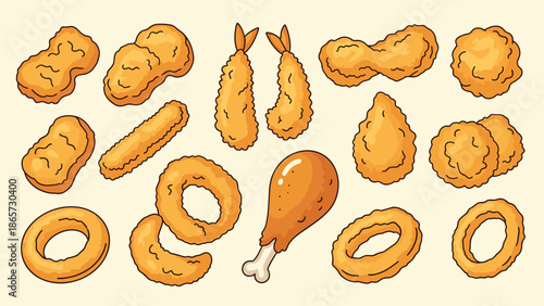 Various crispy fried food items including chicken nuggets, breaded shrimp, onion rings, and a drumstick in a cartoon style.