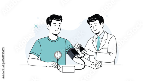 Professional medical illustration of a male doctor measuring the blood pressure of a patient using a manual sphygmomanometer.