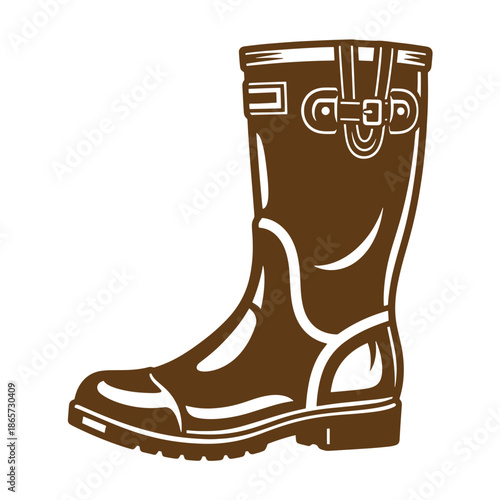 Vintage brown rubber rain boot with buckle and strap  isolated on white background
