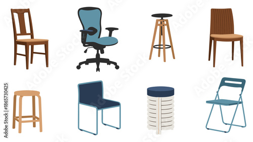 Extensive collection of various chair and stool designs including office chairs, wooden chairs, folding chairs, and modern stools.