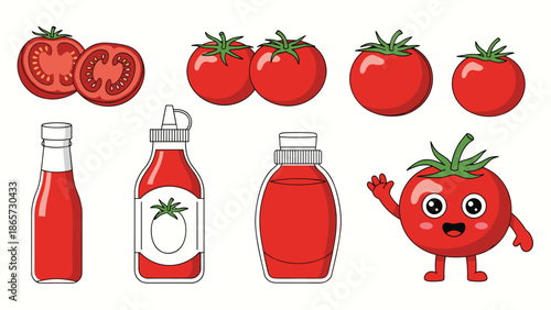 Tomato themed illustrations featuring whole and sliced tomatoes, ketchup bottles, and a cute waving tomato character with a face.