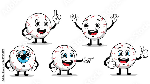 Collection of cartoon eyeball characters with arms and legs showing various poses like pointing, thumbs up, and waving hands.