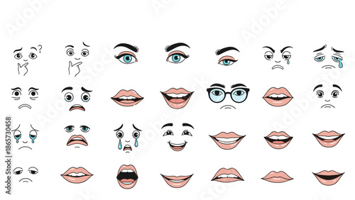 Vector illustration of various human facial features including eyes with eyebrows and expressive mouths showing different emotions.