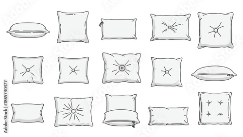 Detailed sketches of different types of pillows and cushions in various shapes, sizes, and designs including square and rectangular.