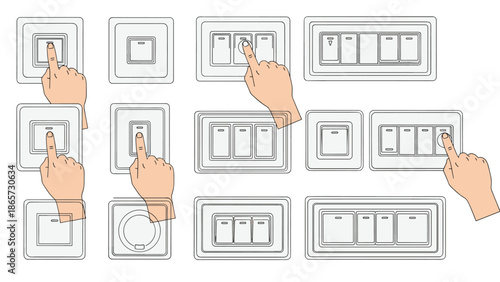 Hands demonstrating how to operate various types of light switches and electrical wall plates in a simple technical drawing style.