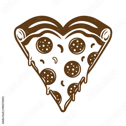 Vintage Heart shaped slice of pizza with melted cheese and pepperoni toppings isolated on white background