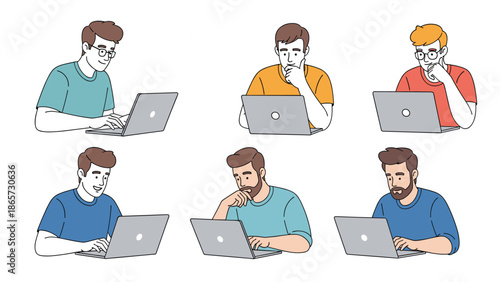 Collection of illustrations showing men in casual clothing working on laptops with different expressions and thinking poses.