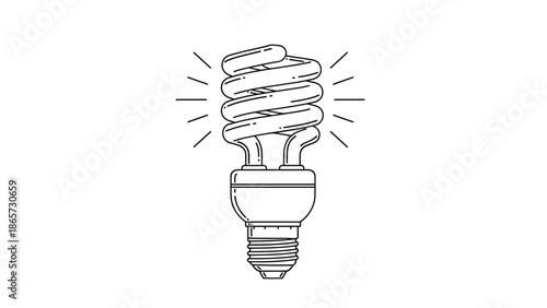 Detailed line art drawing of an energy efficient spiral compact fluorescent light bulb glowing with light rays on a white background.