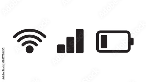 Wi-Fi signal strength and battery level icons in simple flat design with black color on white background for mobile app interface