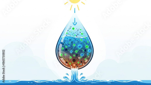 An illustration of a water droplet with microorganisms and sunlight, representing the water cycle and purification process with environment