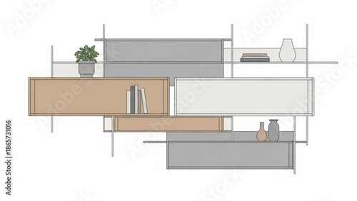 Modern minimalist shelving unit with books, vases, and plant on floating shelves, interior design concept with neutral colors with furniture