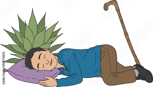 Cartoon illustration of tired man sleeping on pillow with walking cane, exhaustion concept, rest, disability awareness, minimal flat design vector