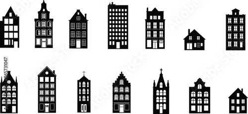 City building silhouette set with houses and apartments, urban architecture icons, residential skyline collection, minimal black vector illustration