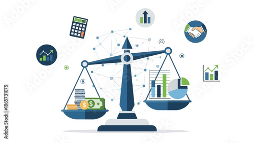 Balance Scale Weighing Money and Charts.
