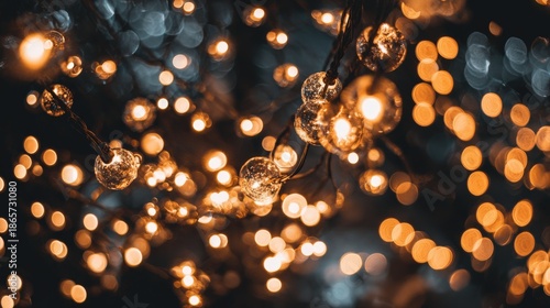 Numerous small incandescent bulbs illuminate a dark setting with pronounced bokeh effects