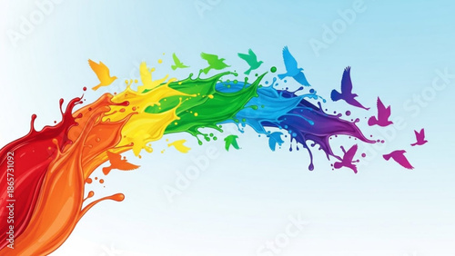Vibrant rainbow colored paint splashes with birds flying out in freedom and joy on a light blue background with colorful and abstract