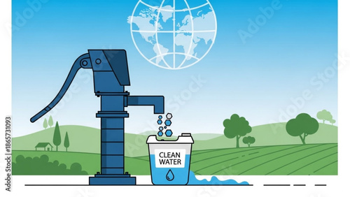 A blue water pump dispensing clean water into a bucket with a green landscape and globe in the background with sustainability with ecology