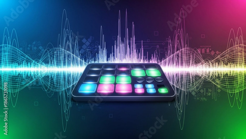 Sound wave pattern with colorful buttons on electronic device screen on multicolored background with equalizer effect with music with audio