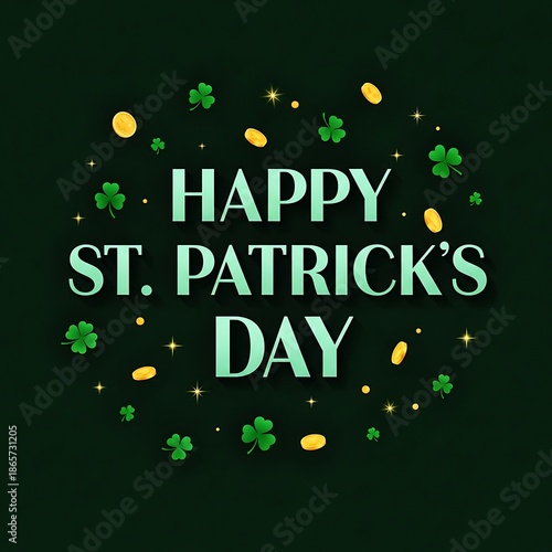 Happy St Patricks Day Elegant Typography With Floating Shamrocks Gold Coins and Festive Sparkles on Dark Green Background