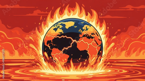 Earth globe on fire with flames and lightning, symbolizing climate change and global warming, with a cracked surface and burning with heat