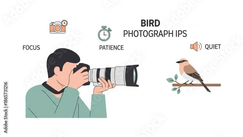 Man taking picture of bird with camera and long lens, patience and focus required for bird photography with wildlife photography with nature