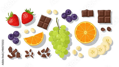 A vibrant arrangement of fresh fruit and chocolate pieces including strawberries blueberries grapes oranges bananas and assorted with snack