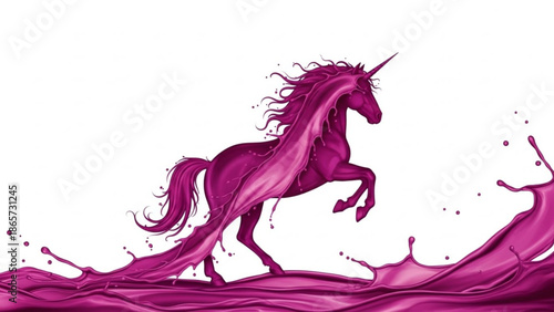Magical purple unicorn running through vibrant pink liquid splashes on white background, mythical creature, fantasy art, dreamy with colors
