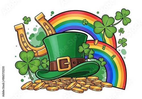 Lucky St Patricks Day Leprechaun Hat Rainbow Gold Coins and Shamrocks for Playful Irish Holiday Branding and Festive Illustration Design